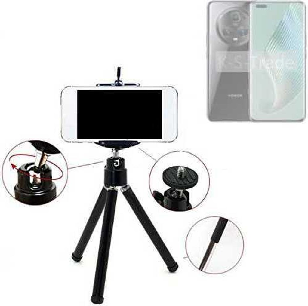 K-S-Trade Smartphone Stativ Dreibein kompatibel mit Honor Magic5 Pro Tripod aus Aluminium Klemmstativ Stativ Adapter für Mobiltelefone schwarz 1x
