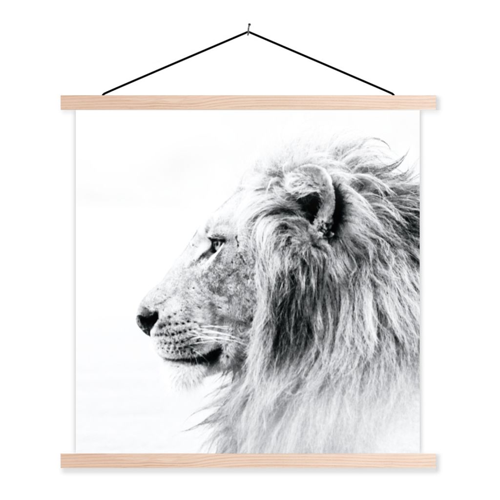 MuchoWow Textilposter Löwe - Schwarz - Weiß - Tiere 60x60 cm mit holzfarbenen Rahmen - Wanddekoration