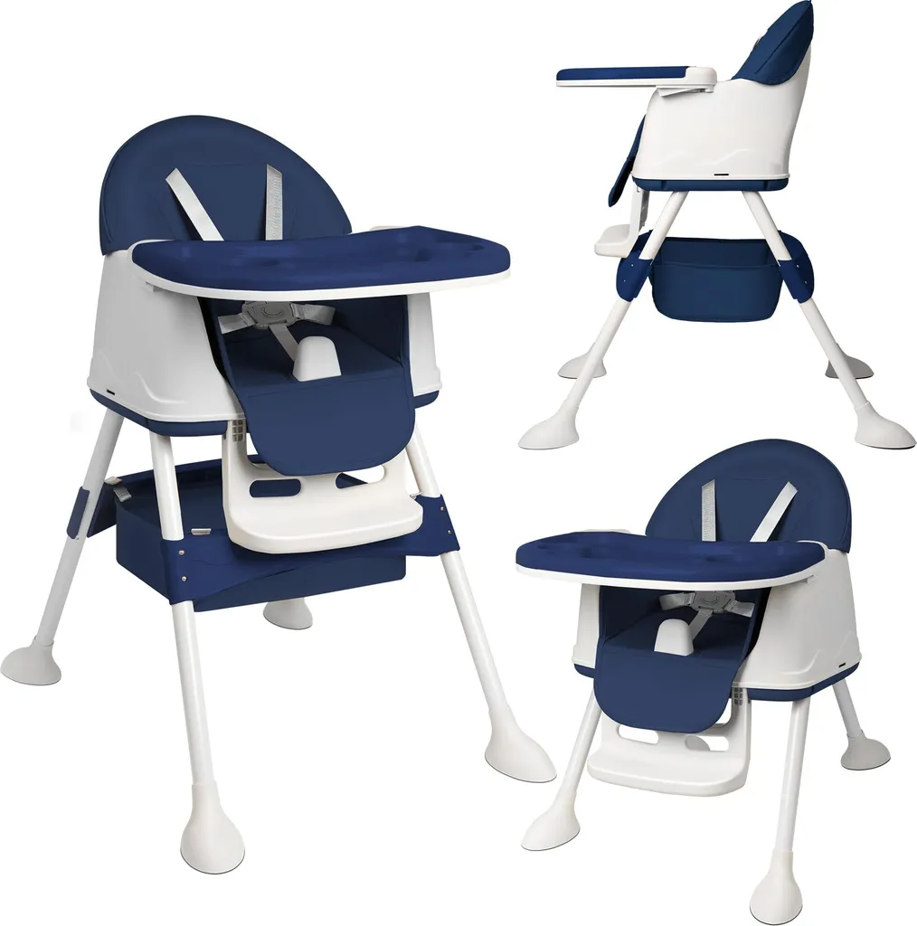 Chaise haute combinée bleu avec harnais de sécurité et coussin lavable