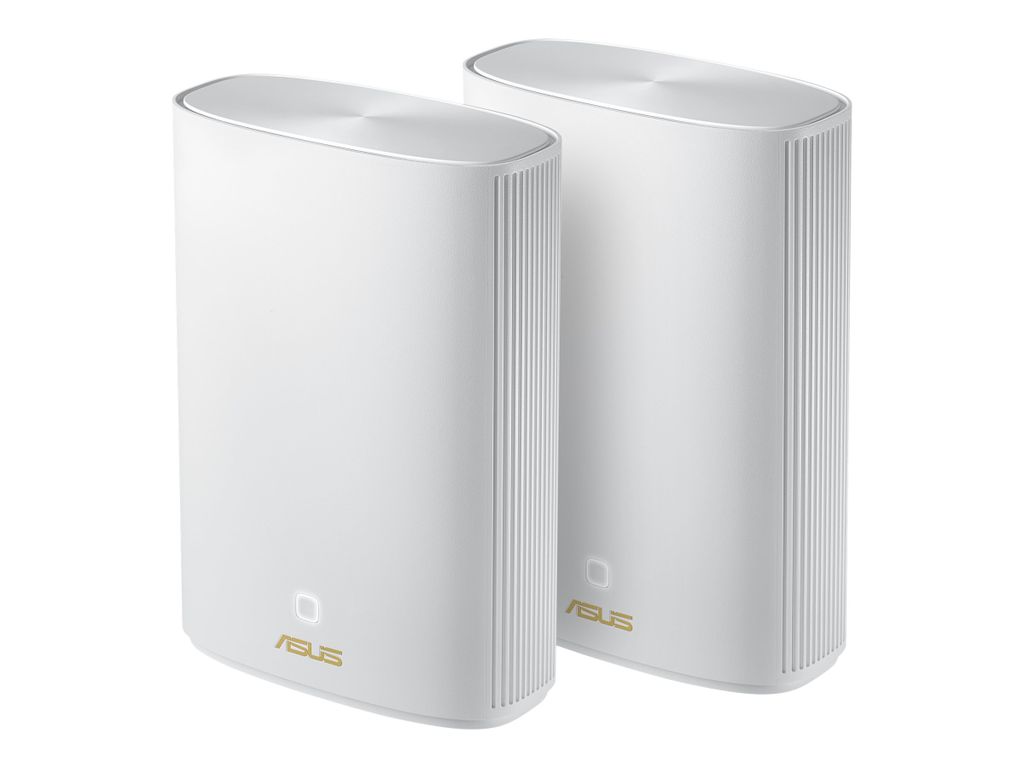 Two white Asus ZenWiFi AX Hybrid routers are shown against a white background.