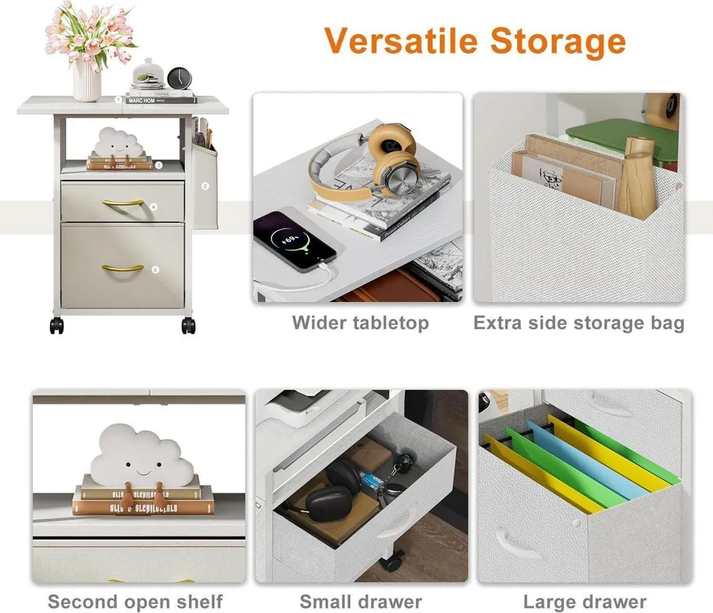 Tavolino A 3 Livelli Con Ruote 60 Cm - Comodino In Legno Con 2 Cassetti E Tasca Laterale, Per Divano, Camera Da Letto E Ufficio - 3