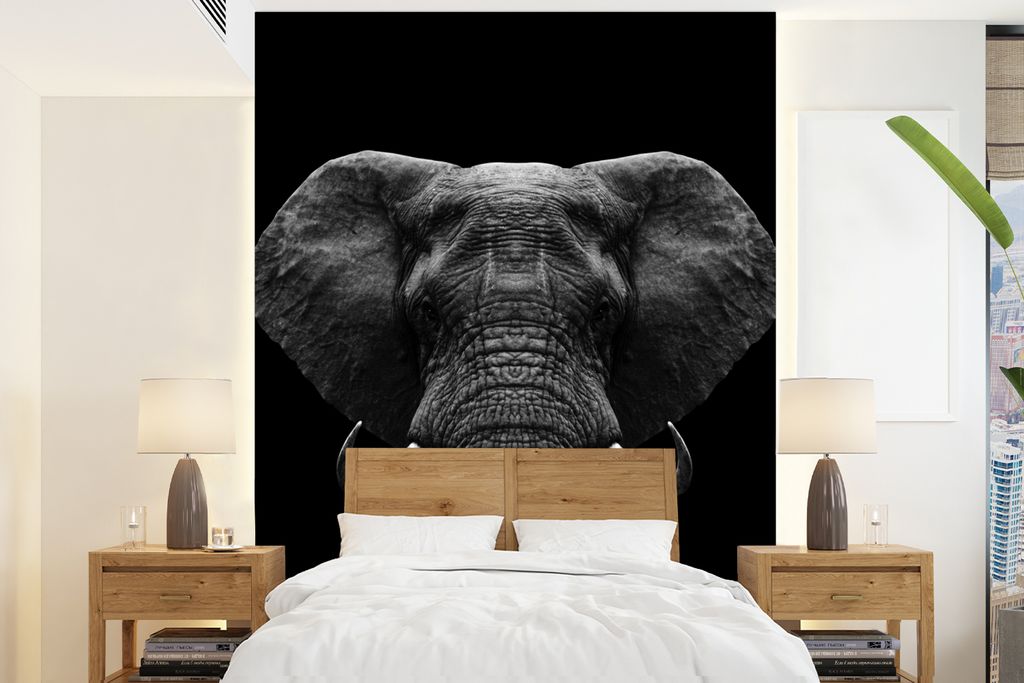 MuchoWow Fototapete für Wohnzimmer oder Schlafzimmer Wandtapete Vinyl Motivtapete Tiere - Elefant - Porträt - Schwarz - Weiß - 165x220 cm - Wa...