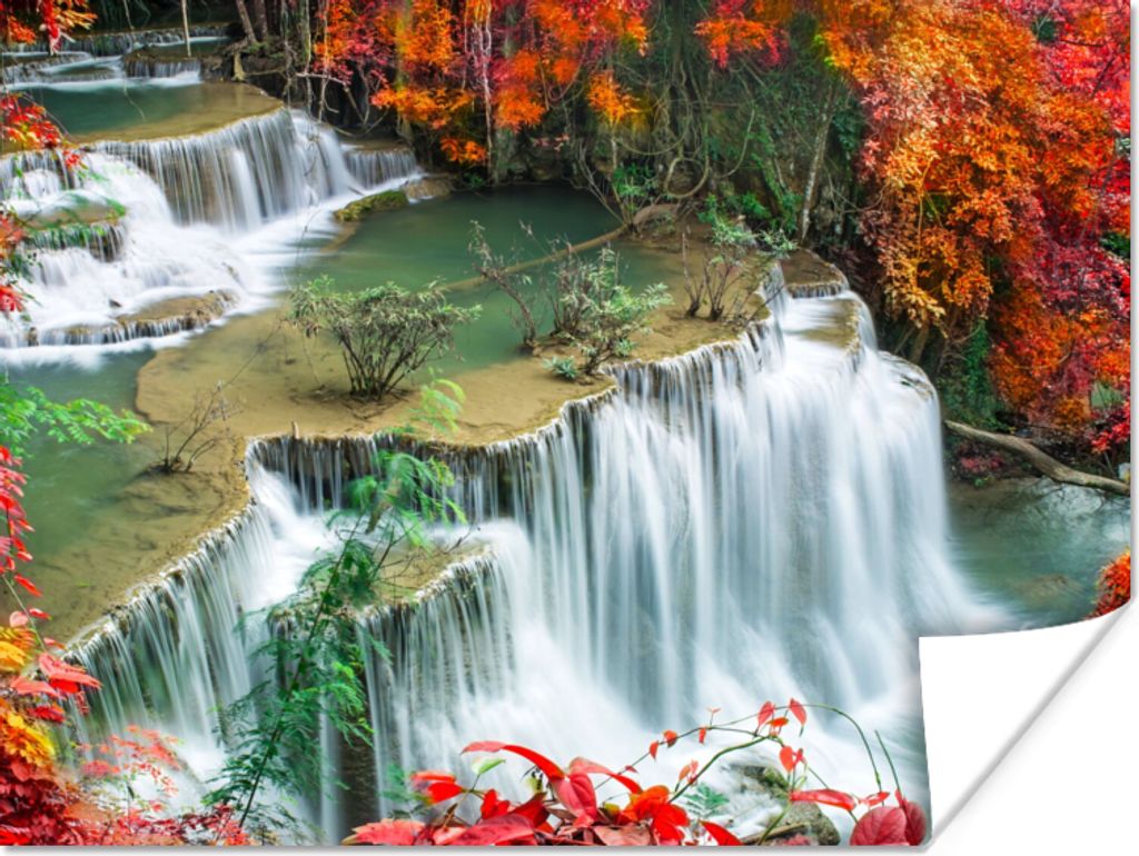MuchoWow Poster Bäume - Wasserfall - Herbst - Natur 160x120 cm - Foto Plakat
