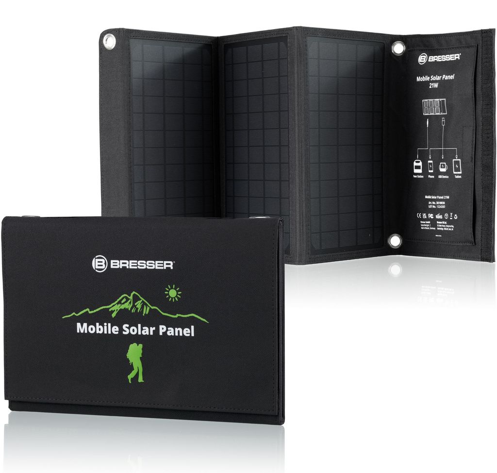 Bresser Mobiles Solar Ladegerät 21 W faltbar mit USB A und Produktbild 