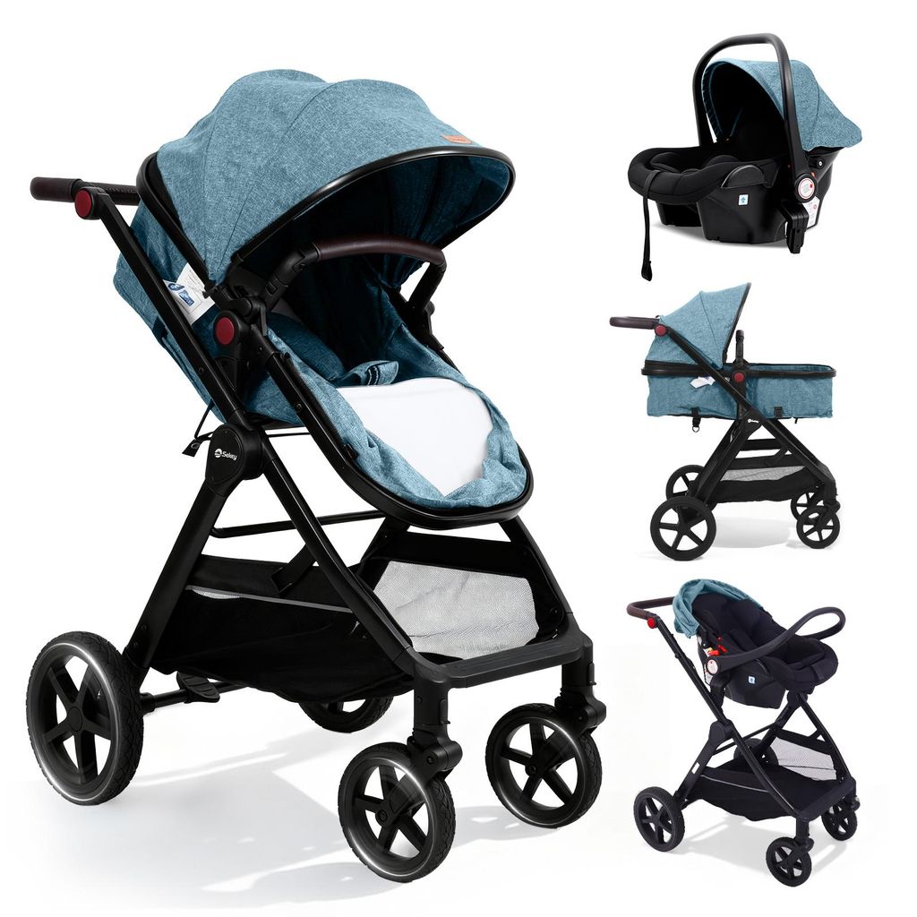 Sekey Kinderwagen 3 in 1 Kombi-Kinderwagen Komplettset, Auto Babyschale ab Geburt, 0–4 Jahre Buggy mit Moskitonetz und Regenschutz, Schwarz und Blau