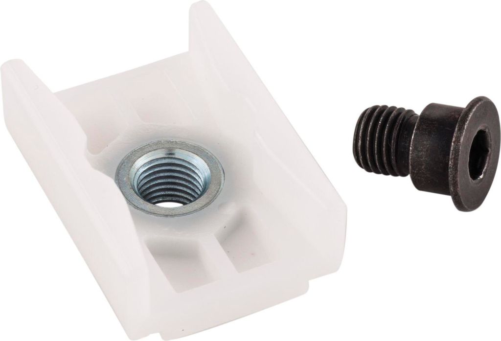 A white plastic sliding piece with a metal nut and a black screw are shown against a white background.
