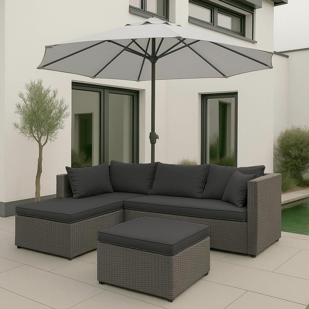 Poly-Rattan Garnitur MCW-O46, Balkon-/Garten-/Lounge-Set Sofa Sitzgruppe grau Polster dunkelgrau