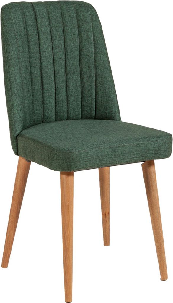 A green upholstered chair with wooden legs against a white background.