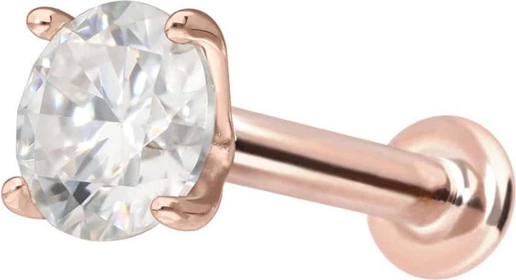 Ohrpiercing, Nasenpiercing 14 Karat Gold Labret mit Push Fit MOISSANIT RoséGold Stablänge: 6mm | Stabstärke: 1,2mm | Kristallgröße: 4mm