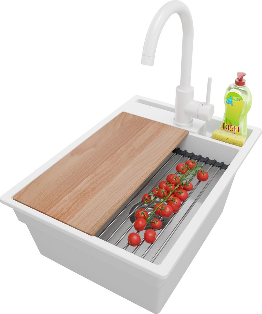 PRIMAGRAN Granitspüle Weiß 38x53cm, Spülbecken 1 Becken + Küchenarmatur 32x20cm + Ablauf-Set + Küchenzubehörset, Küchenspüle ab 40er Unters...