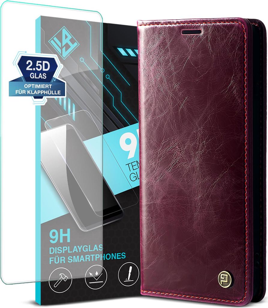 Handyhülle für Samsung Galaxy A17 / A17 5G mit 9H Displayglas Kunstleder Flip Vintage Cover Hülle RFID Schutz Case Kartenfach Farbe: Weinrot