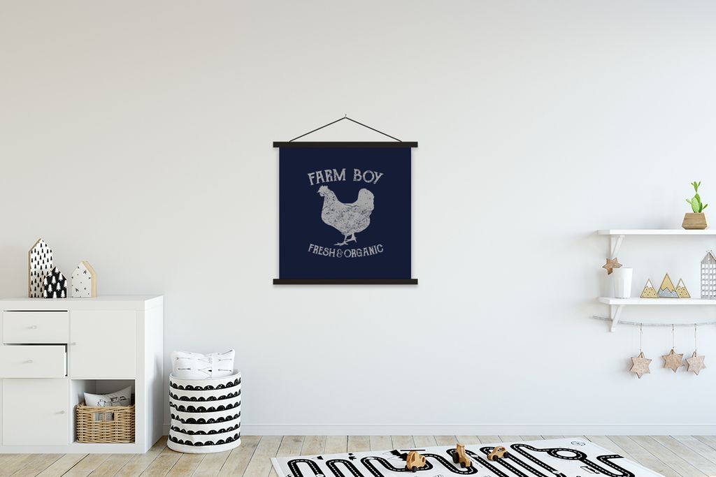 MuchoWow Textilposter Vintage - Huhn - Bauernhof 60x60 cm mit schwarzem Rahmen - Posteraufhänger
