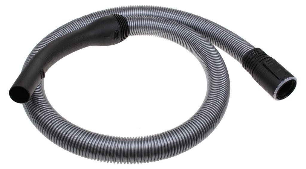 A vacuum cleaner hose with attachments on a white background.
