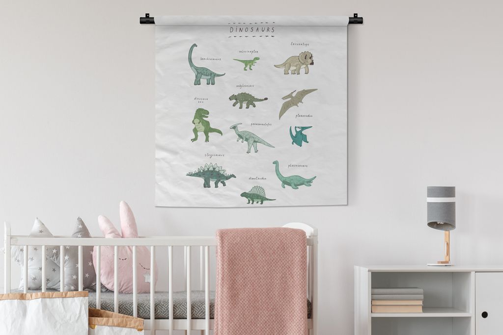 MuchoWow Wandteppich Wandbehang Kinderzimmer - Dinosaurier - Weiß - Jungen - Mädchen - Kinder 90x90 cm Tapisserie Dekoration Wandtuch - Wandauf...