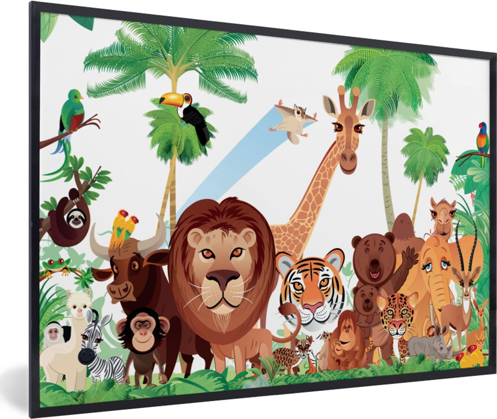 MuchoWow Gerahmtes Poster Wilde Tiere - Dschungel - Löwe - Tiger - Mädchen - Kinder - Jungen 90x60 cm - Poster mit Schwarzem Bilderrahmen Wandp...