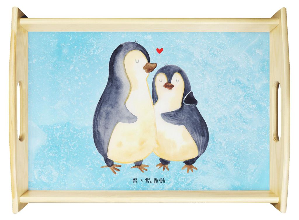 Mr. & Mrs. Panda Servier Tablett Pinguin umarmen - Eisblau - Geschenk, Verknallt, aus holz, Umarmung Verliebt, Hochzeit, Serviertablett, betttablet...