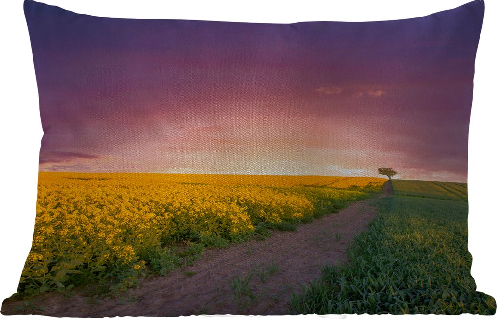 MuchoWow Outdoor Kissen - Blumen - Straße - Himmel - Gelb - Lila - Sonnenuntergang - Natur - 60x40 cm - Wetterfest - Lounge Kissen - Zierkissen ...
