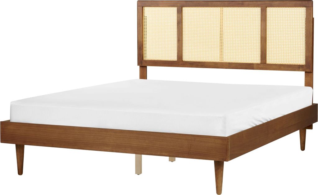 BELIANI Bett Hellbraun Gummibaumholz mit LED-Licht Lattenrost 160 x 200 cm Hohes Kopfteil Wiener-Geflecht Rustikaler Stil Schlafzimmer Doppelbett