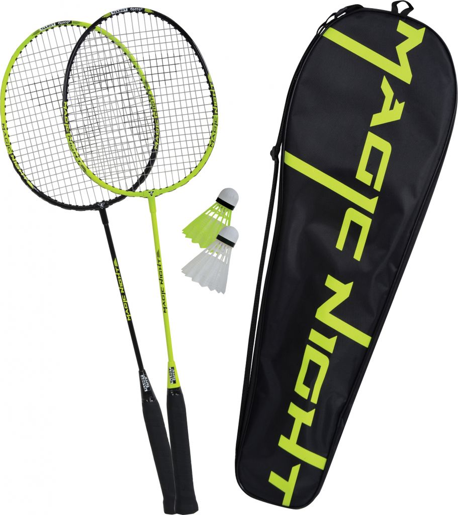 A badminton set with two rackets, two shuttlecocks, and a carrying bag, displayed against a white background.