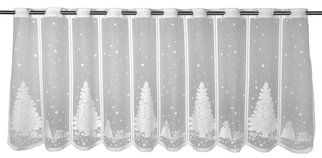 A white lace curtain with a Christmas tree and snowflake pattern.