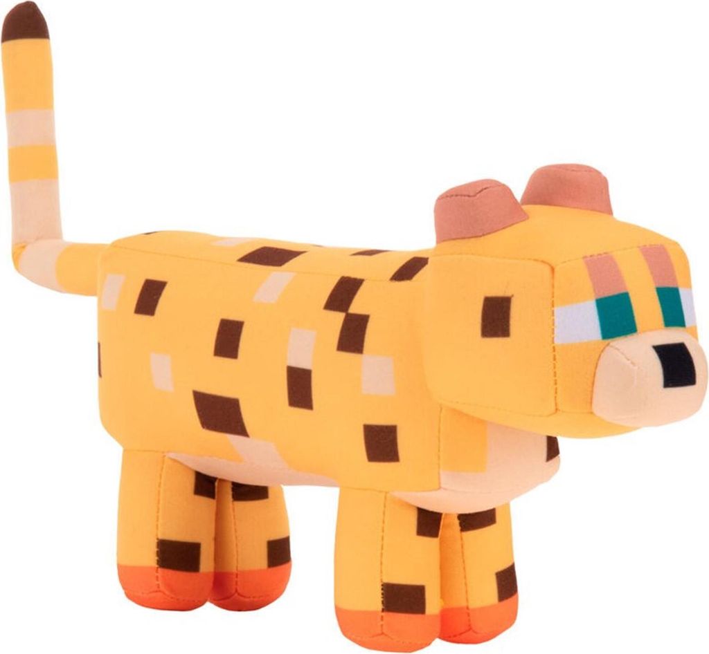 A plush toy of a Minecraft cat is shown against a white background.