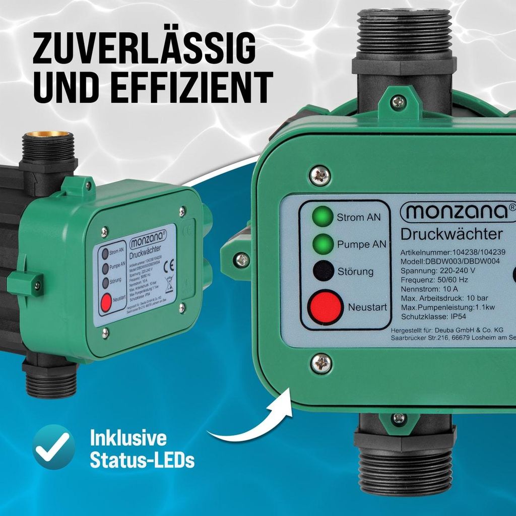 MONZANA Druckschalter Wasserpumpe ohne Kabel 10 Bar Trockenlaufschutz Pumpensteuerung Hauswasserwerk Druckwächter Gartenpumpe Drucktaster