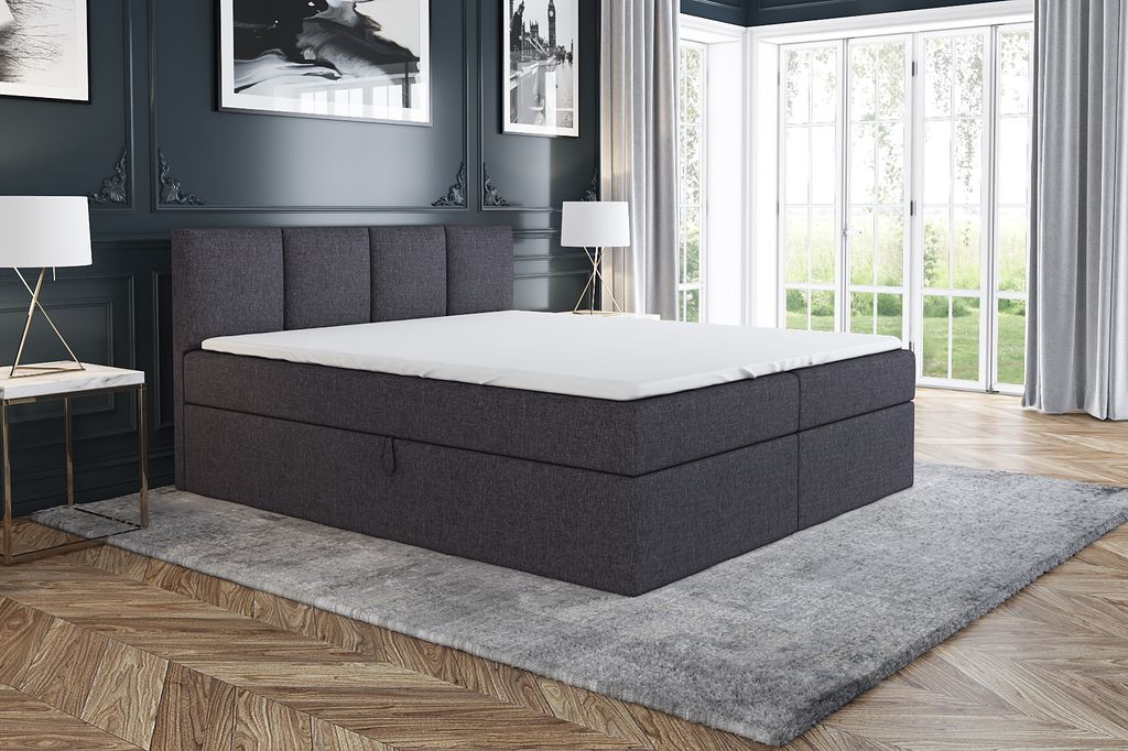 Boxspringbett ABI 180 x 200 mit 2 Bettkästen, Bonell-Matratze und Topper. Farbe: Grau