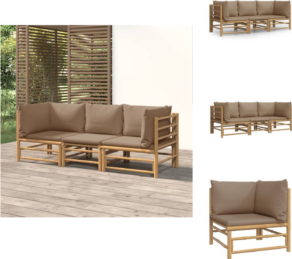 vidaXL 3-tlg. Garten-Lounge-Set mit Taupe Kissen Bambus - Gartenmöbel-Sets