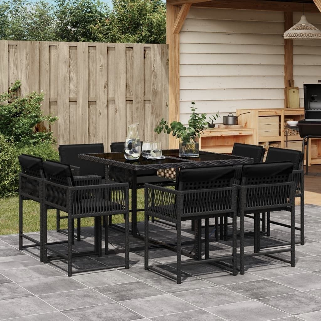 Maison Exclusive - 9-tlg. Garten-Essgruppe mit Kissen Schwarz Poly Rattan