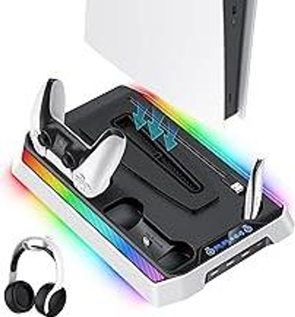 Ladestation für PS5/Slim/Pro Stand und Controller Ladestation für PS5 Konsole mit Lüfter, Dual Controller Ladegerät,Kühlständer,Headset Halte...