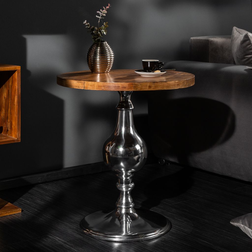 riess-ambiente Design Beistelltisch EXTRAVAGANCIA 50cm Mangoholz massiv rund Metall Säulenfuß silber Couchtisch Tisch
