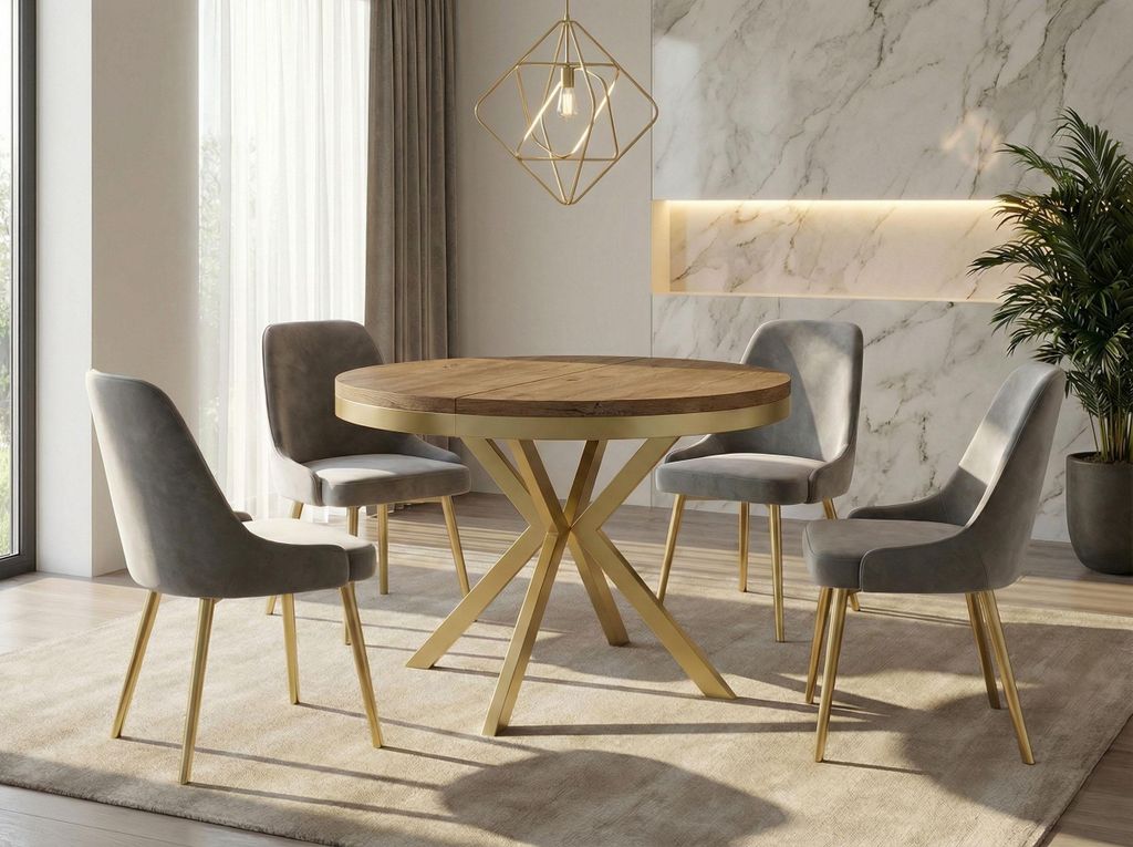 Runder Ausziehbarer Esstisch - Loft Style Tisch mit Goldenen Metallbeinen - 120 bis 200 cm - Industrieller Tisch für Wohnzimmer - Kompakt - 120 cm...