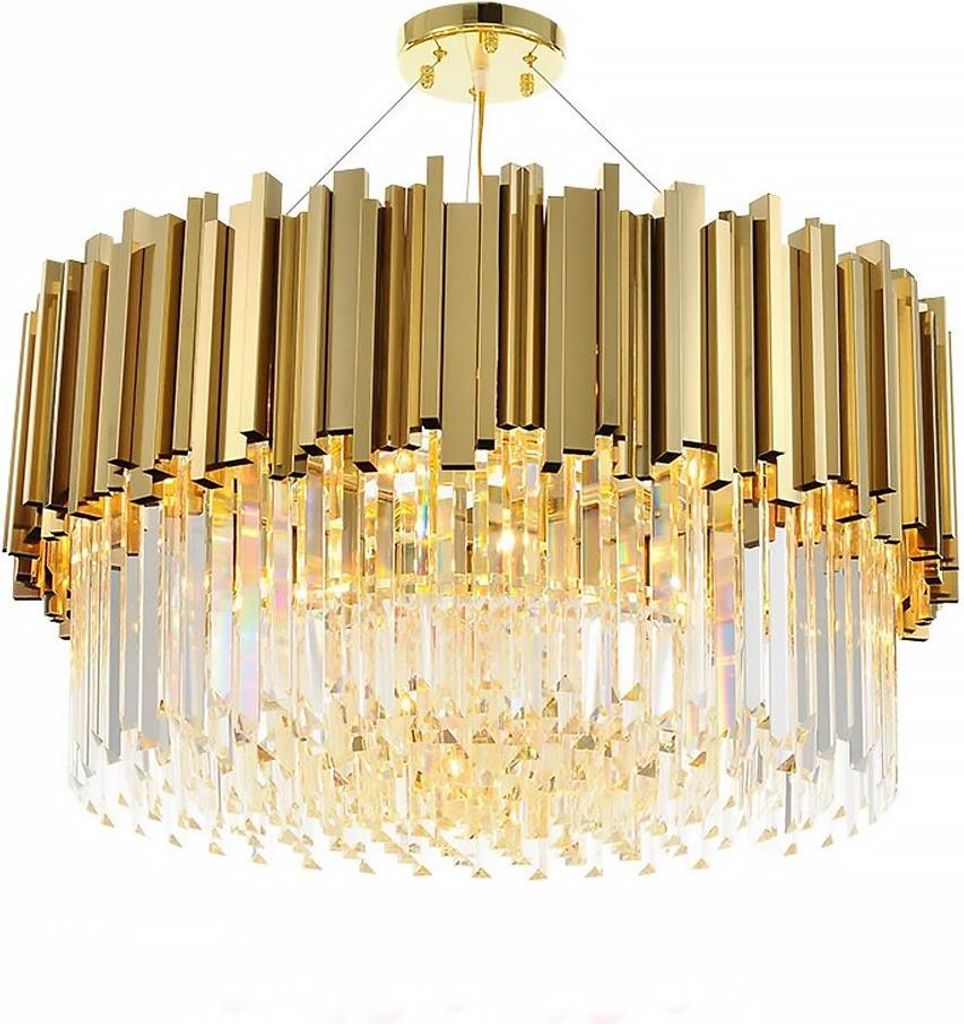 A close-up studio shot of a gold and crystal chandelier.