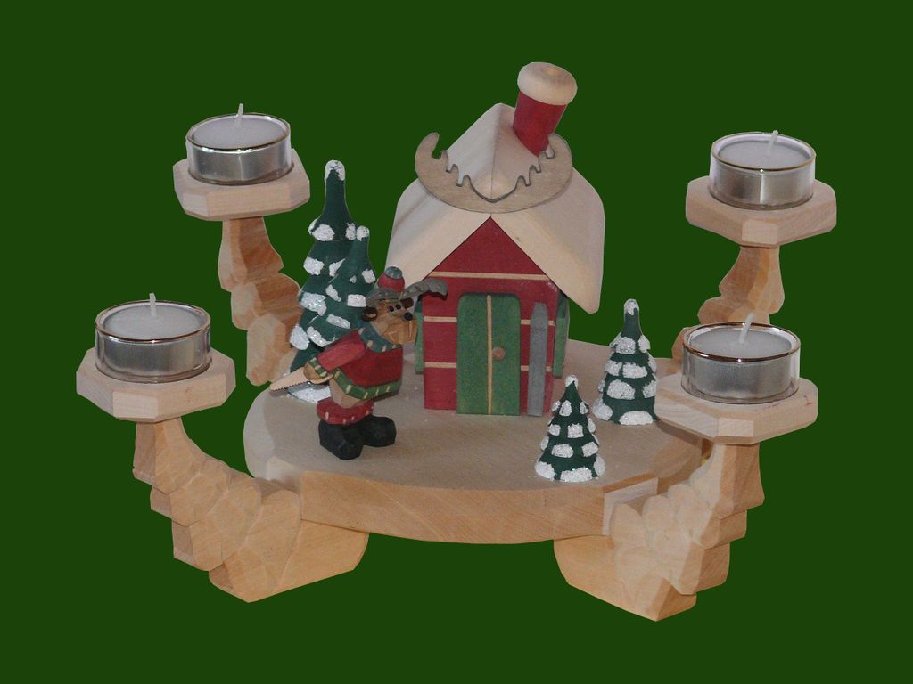 Adventsleuchter Elch mit Christbaum an der Hütte geschnitzt mit Teelichter Höhe 18,5cm NEU