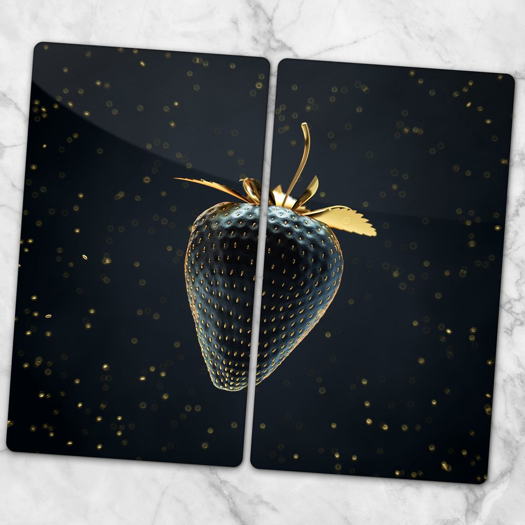 Glas-Herdabdeckplatten Glaskeramikkochfeld-Abdeckung Spritzschutz Glas 2x30x52 cm - Goldene Erdbeerfrucht