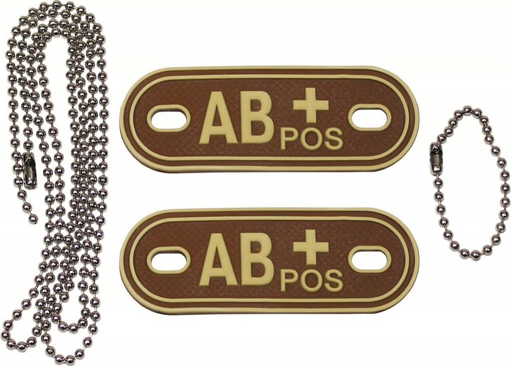 MFH Blutgruppenmarken, mit Ketten, "AB POS", 3D, desert