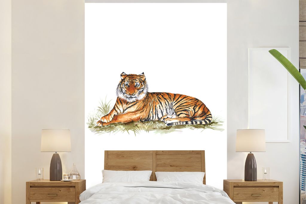 MuchoWow Fototapete für Wohnzimmer oder Schlafzimmer Wandtapete Vinyl Motivtapete Tiger - Bild - Gras - 155x240 cm - Tapete
