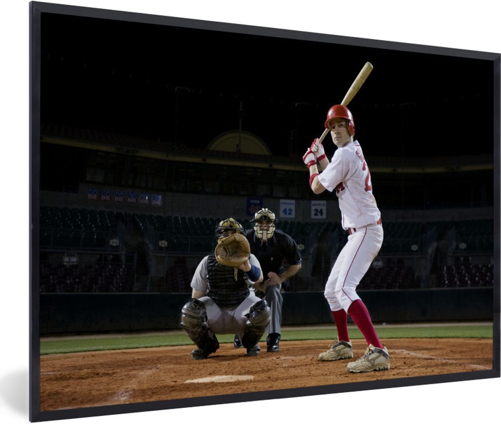 MuchoWow Gerahmtes Poster Der Schlagmann versucht, den Baseball zu treffen 30x20 cm - Poster mit Schwarzem Bilderrahmen Wandposter Rahmen Foto Bi...