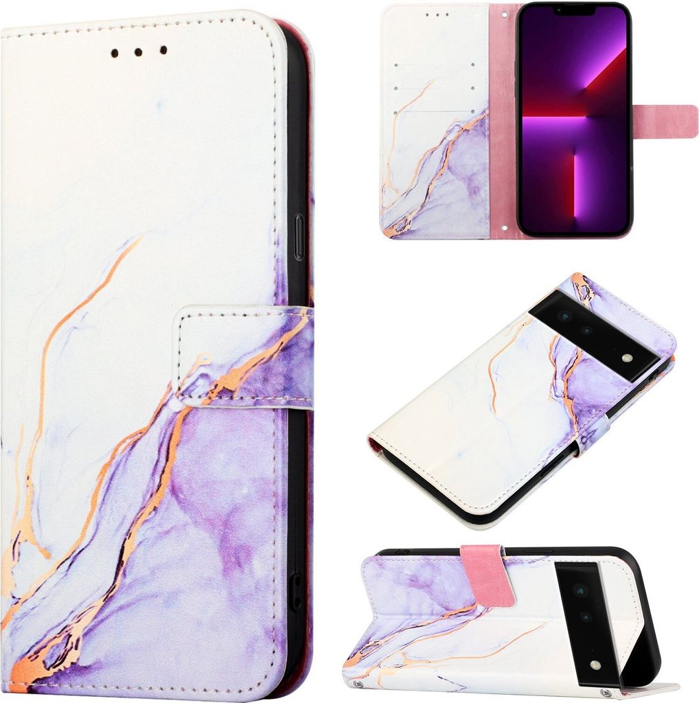 Google Pixel 6 Hülle, Marmor Motiv Kunstleder Tasche Wallet Kartenfächer mit Standfunktion Klapp Schutzhülle für Google Pixel 6 Weiß Lila