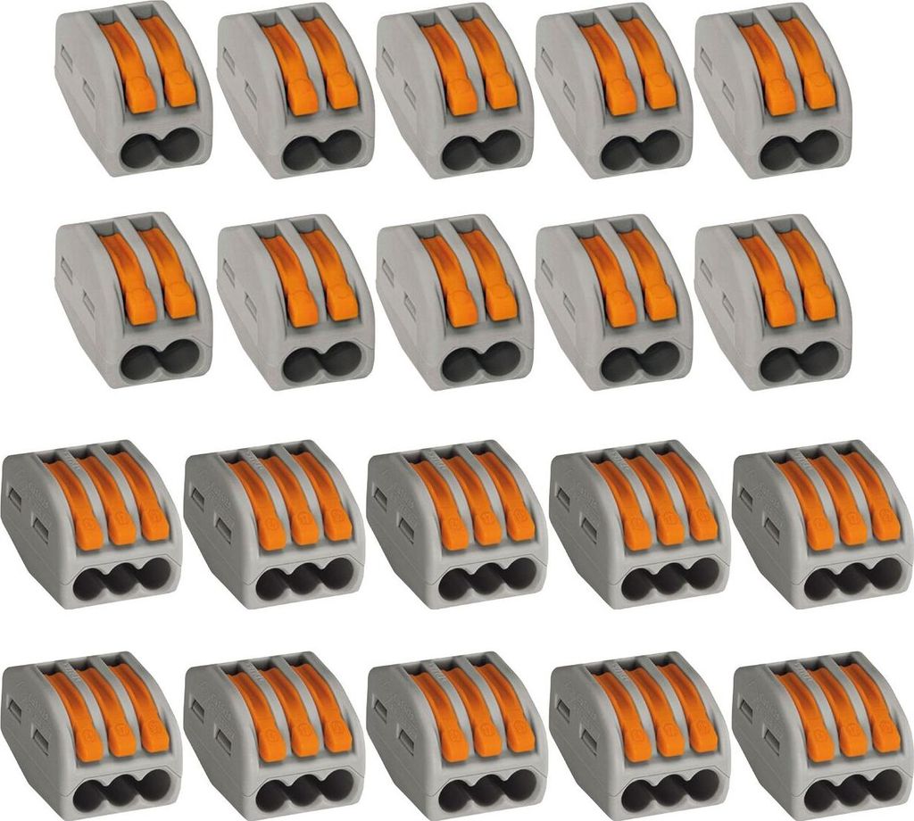 WAGO 222 Klemmen 2 polig und 3 polig, 0,08 bis 4mm² Verbindungsklemmen mit Hebel, Kunststoff grau-orange, 20-teilig