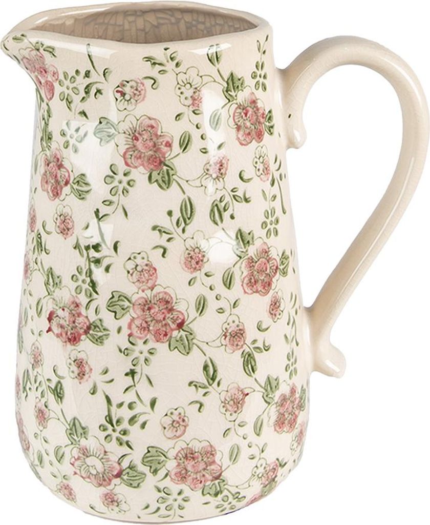 Clayre & Eef Dekorative Kanne 20x14x23 cm Rosa Beige Keramik Blumen