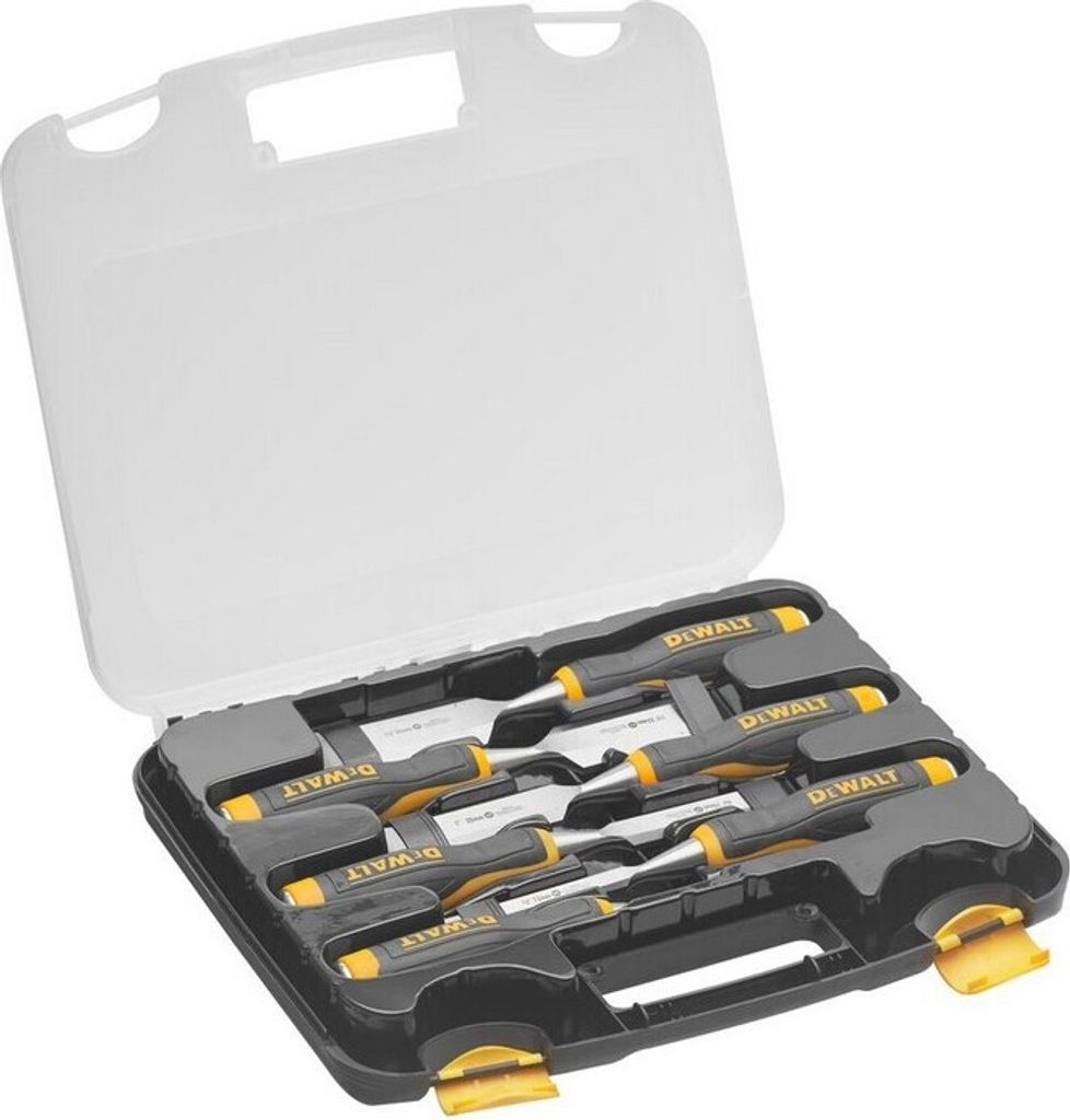 A set of chisels in a black and yellow case with a clear plastic lid.