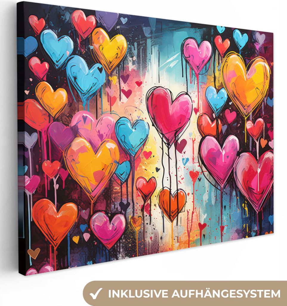 Leinwandbilder 40x30 cm - Graffiti - Herzen - Farben - Kunst - Liebe, Bilder Wohnzimmer Modern, Wanddeko