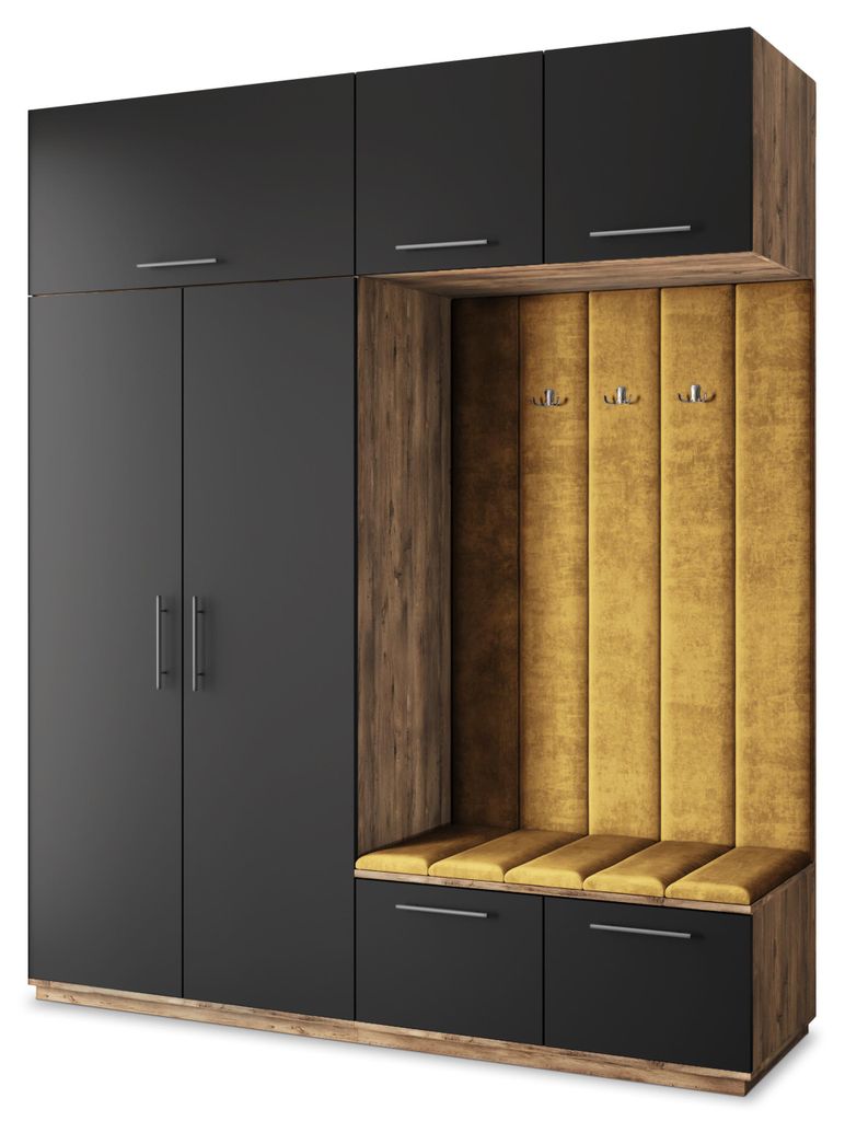 Masseno Garderobe-Set REMA 200/240/60 cm Modern Garderobenschrank Eiche Lefkas, Veloursstoff MONOLITH 48 (Gelb)
