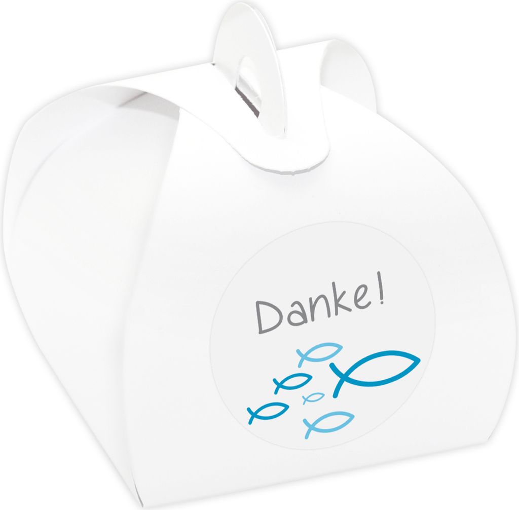 24 x Kartonagen + Aufkleber 'Fische' Gastgeschenke Set für Taufe, Kommunion, Konfirmation (Danke! - blau)