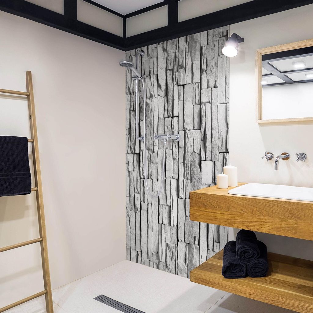 Duschrückwand mit Motiv selbstklebend - 0.35 mm Wandpaneel wasserfest Naturstein schwarz weiss Steinoptik Motiv Badrückwand fugenlos Smart matt ...