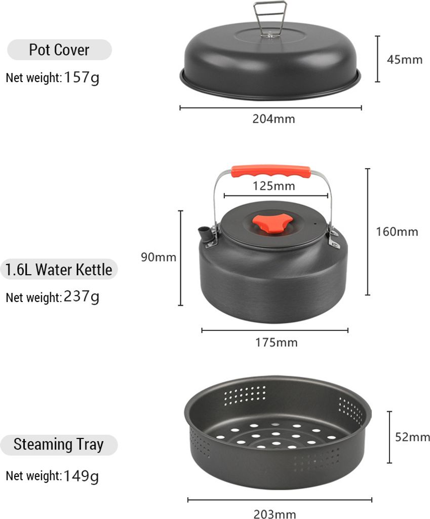 Camping Kochgeschirr Essgeschirr aus Aluminiumlegierung, Topf, Pfanne, Dampfschale, Schš¹ssel, Tasse und Wasserkocher mit Topfdeckel