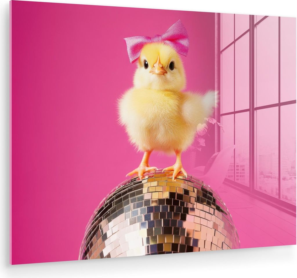 MuchoWow Glasbilder - Bilder auf Wandbild - Foto auf Glas Discoball - Küken - Schleife 80x60 cm Wanddekoration aus Glas - Acrylglasbild - Acrylbil...