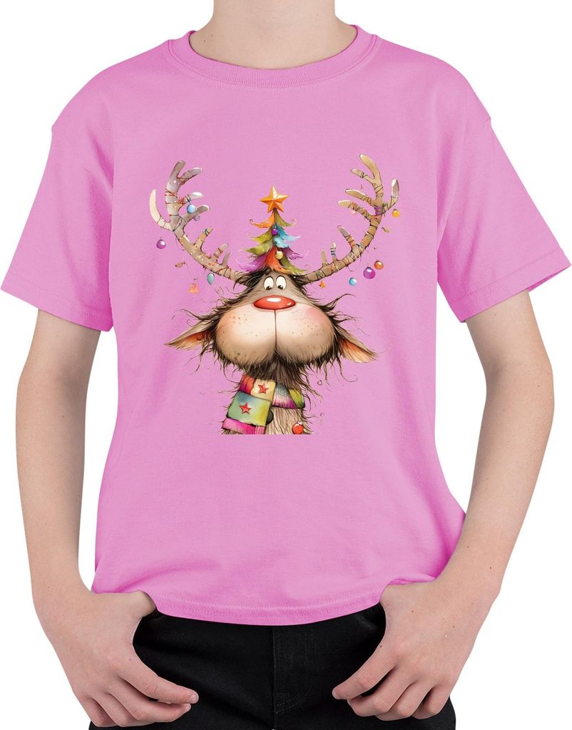 Lustiges Rentier Weihnachtsbaum Geweih bunte Kugeln Schal Uni Kinder T-Shirt, Pink, 152