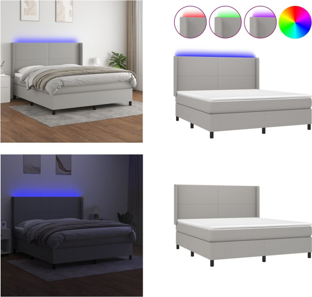 vidaXL Boxspringbett mit Matratze & LED Hellgrau 160x200 cm Stoff - Boxspringbett - Boxspringbetten - Bett - Schlafzimmermöbel